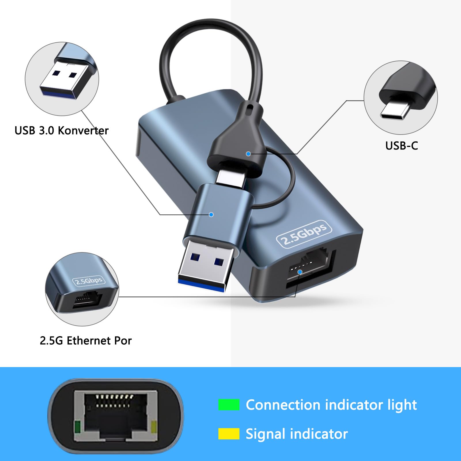 Obllemn Adattatore USB a Ethernet, Adattatore LAN USB 2,5 G, Adattatore di Rete 2 in 1 Type-C Ethernet 100/1000/2500 Mbps,Adattatore LAN, Steam Deck, i-Pad, MacBook, Smartphone, Laptop