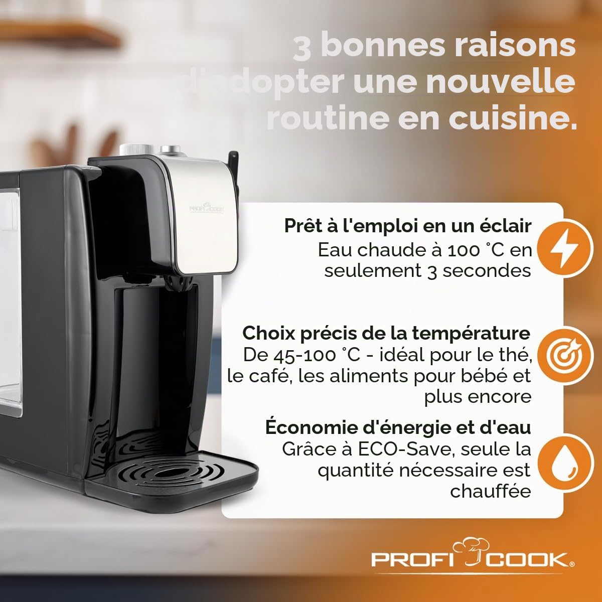 Distributeur d'eau chaude ProfiCook | eau chaude en 3 secondes | bouilloire électrique | capacité de 2,2 litres | boîtier en acier inoxydable | affichage en acier inoxydable | 2600 watts | PC-HWS 1168