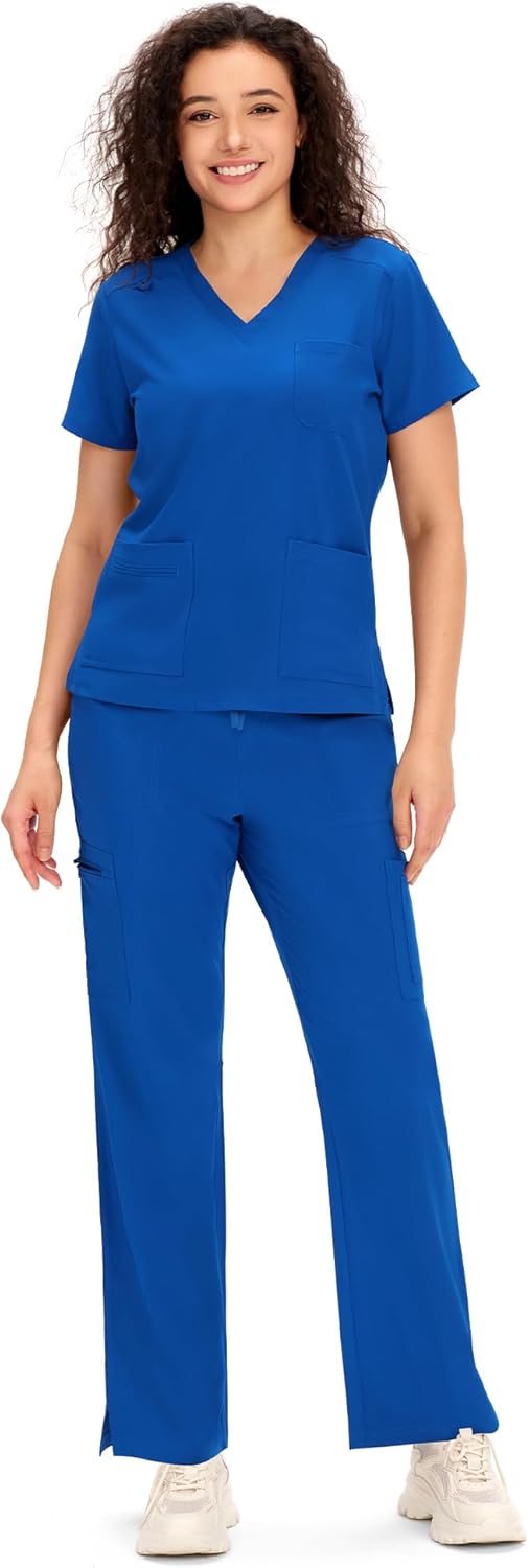 COZYFIT Scrubs for Women - V Neck Top and Bootcut Cargo Straight Pants with 12 Pockets