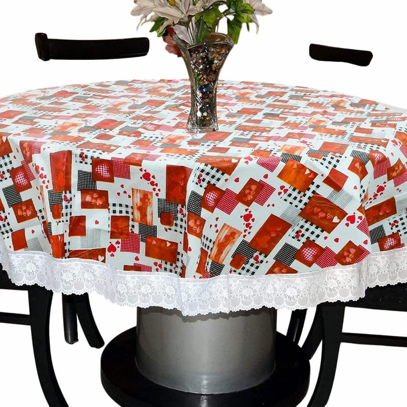 Center & Dining Table Cover White Color Heart Printed Table Cloth with White Lace - Waterpoof & Dustproof Round Shape Table Cloth (40" Round)-Table Cloth White 49-image-49