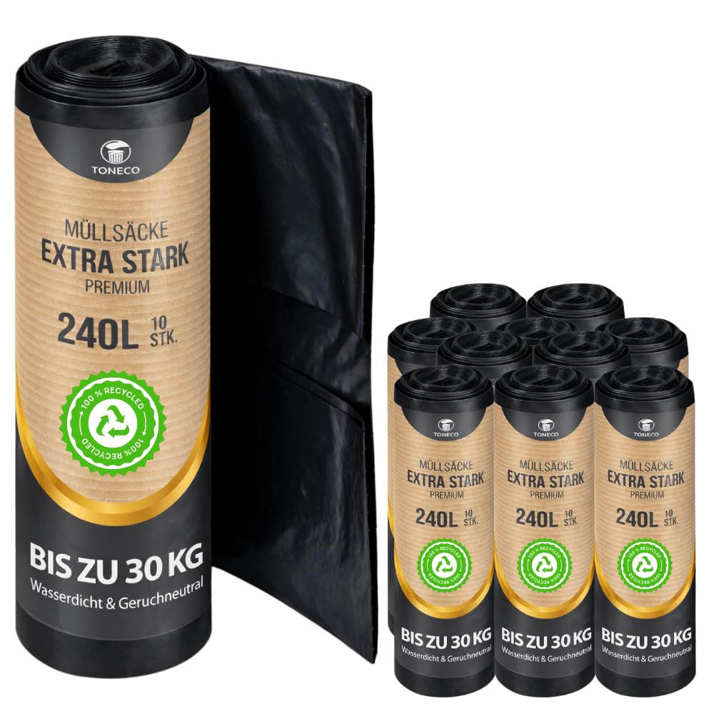 Müllsäcke 240L EXTRA STARK - 70µm – 100 Säcke – 100% Recycelt – 100x125 cm – 10 bis 400 Säcke wählbar – Müllbeutel 240L - ULTRA STARK - Rollengewicht 1,4 kg – Schwerlast XXL Mülltüten (100)
