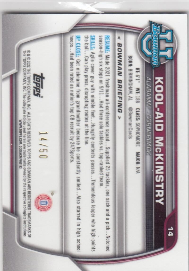Football Trading Card NFL 2022 Bowman Chrome University Refractor Gold #14 Kool-Aid McKinstry NM Near Mint 14/50