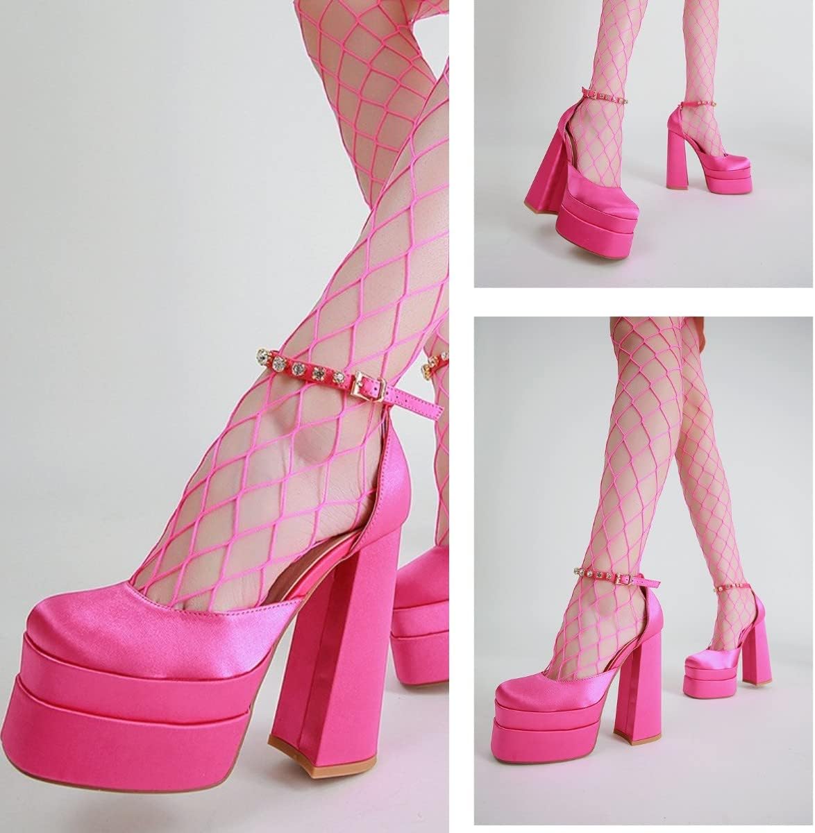 Onlymaker Platform Chunky Heels for Women Square Toe Rhinestone Ankle Strap Satin Pumps Heels - Image 5