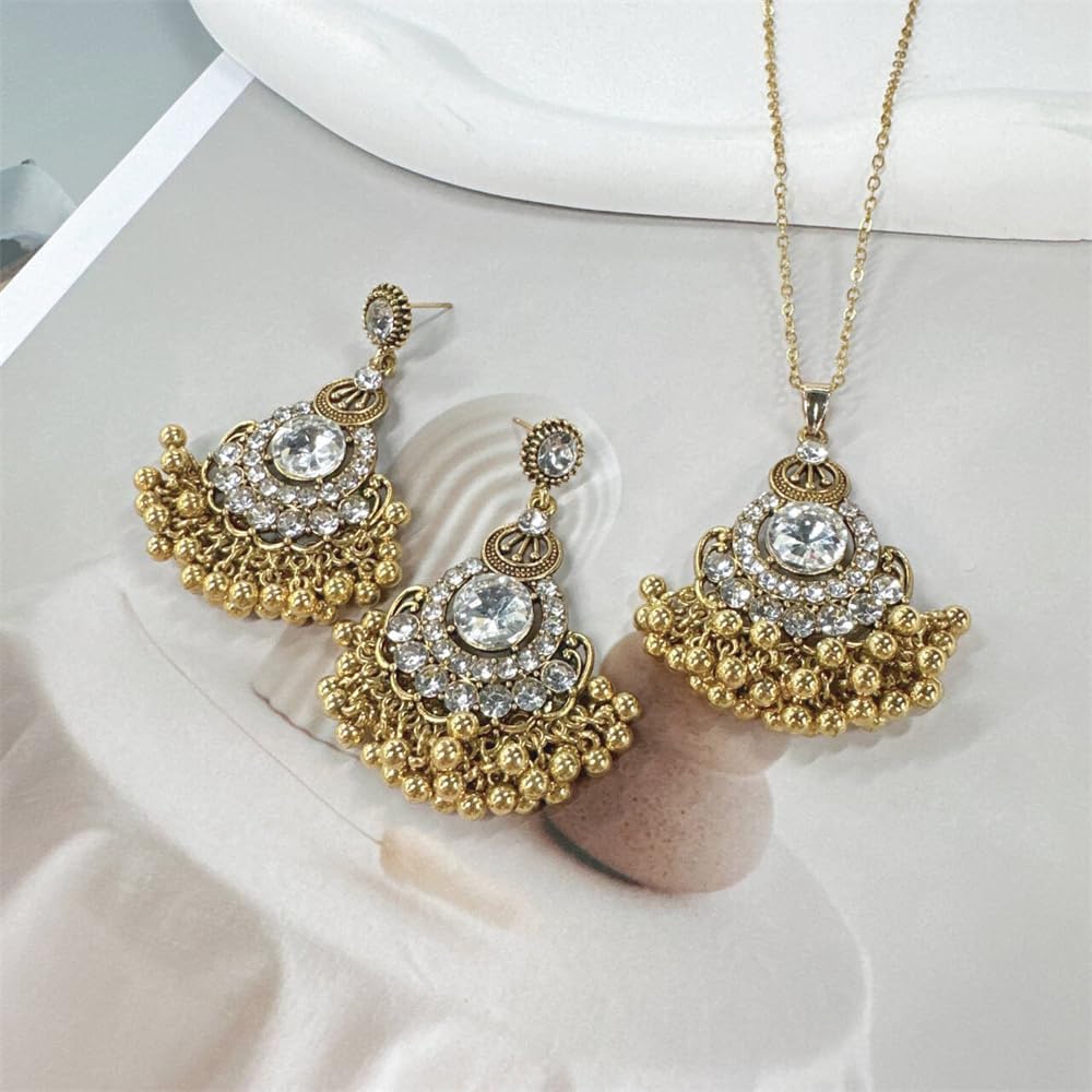 NewZenro Teardrop Pearl Beaded Tassel Dangle Drop Round CZ Stud Earrings Choker Pendant Necklace Set for Women Indian Fashion Trendy Bollywood Jewelry for Party Wedding 18" - Image 4