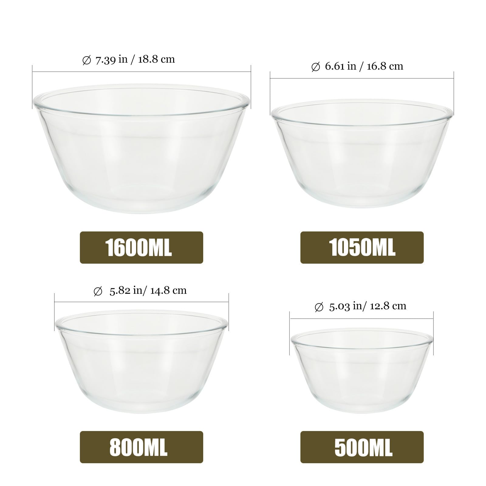 Transparente Salatschüsseln aus Dickwandigem Glas 4 Stück Hitze und Kältebeständig Verschiedene Größen bis 1600ml für Nudeln und Desserts