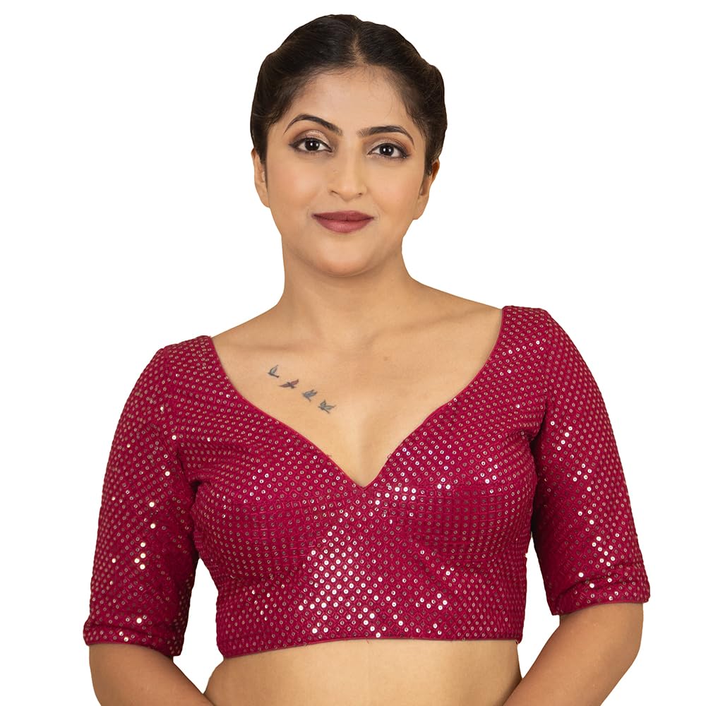 figure's designer Women's Sequin Embroidered Sweetheart Neck Elbow Half Sleeve Sabyasachi Cut Readymade Saree Blouse Ethnic Designer Stitched Plus Size Top Padded Gold Yellow Rani Pink White Black | E11-picture-22