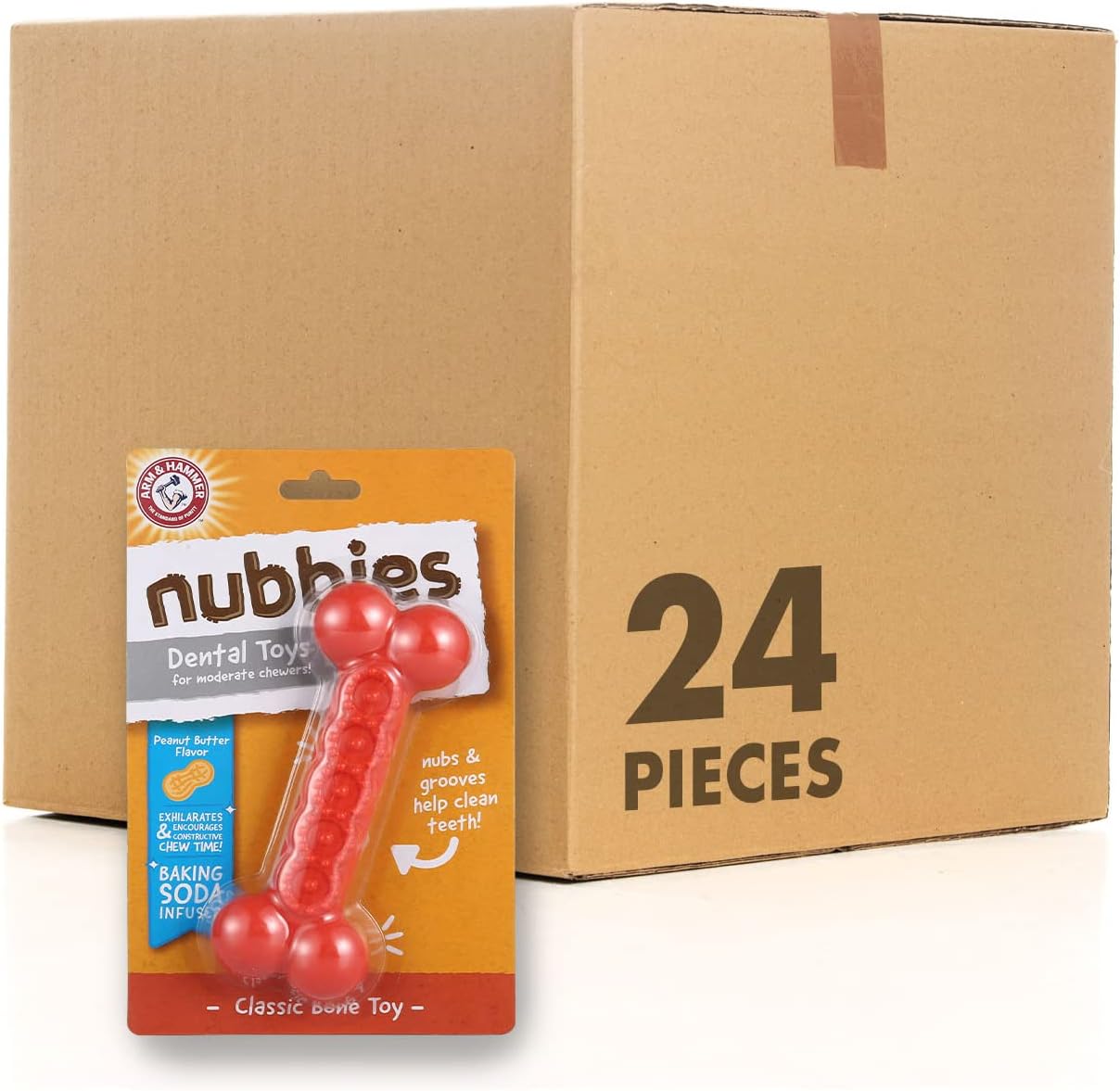 Arm & Hammer for Pets Nubbies Dental Toys Classic Bone Dental Chew Toy for Dogs Best Dog Chew Toy for The Moderate Chewers Reduces Plaque & Tartar Buildup Without Brushing, Peanut Butter (Pack of 24)