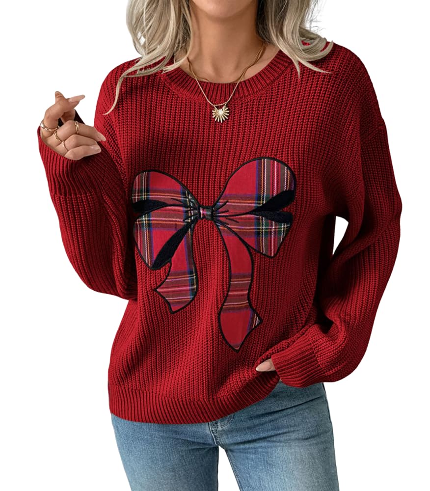 Melliflo Womens Plaid Bow Graphic Christmas Sweater Long Sleeve Crewneck Pullover Knitted Sweaters Cute Xmas Holiday Tops