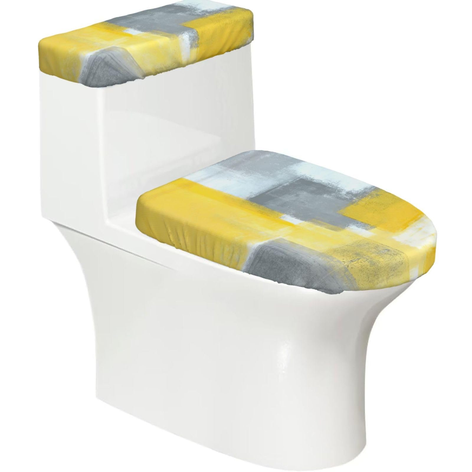 Grey and Yellow Abstract Art Painting Printed Toilet Tank and Lid Cover Set of 2 for Most Bathrooms, Fits Elongated Round Toilets