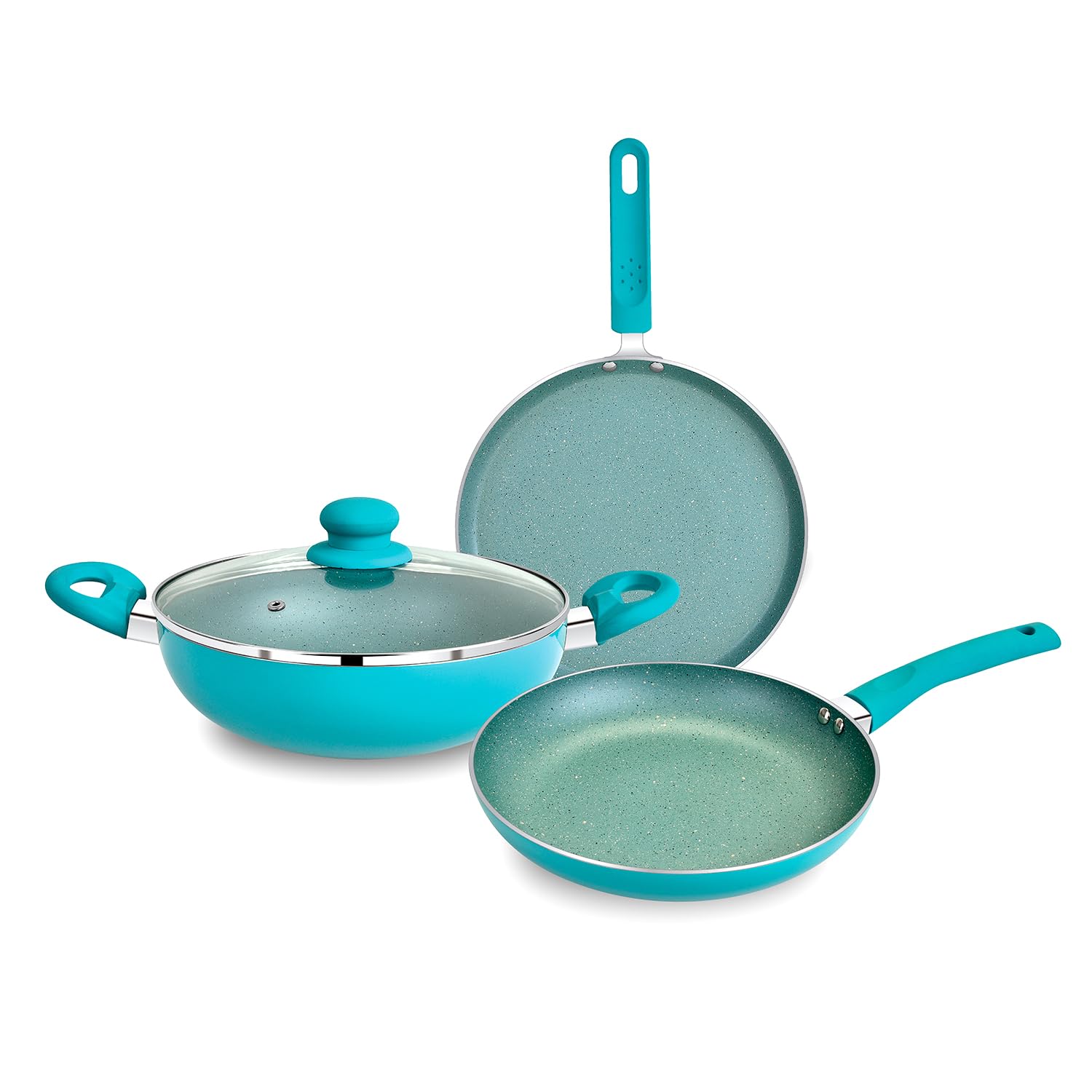 BERGNER Aluminium Jazz Non Stick Cookware Set 4Pc-Kadhai with Glass Lid 24Cm, Dosa Tawa 28Cm, Frypan 24Cm with Induction Compatible, Soft Touch Handles, Pfoa Free, Blue (B0B9BCMYV2) Amazon Price History, Amazon Price Tracker