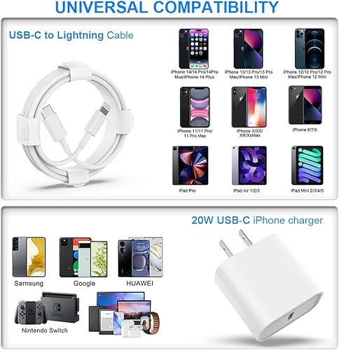 Miniatura 6 de Cargador USB C para iPhone, carga rápida, paquete de 3 unidades de 20 W, tipo C, cargador de pared con cable de carga USB C de 6 pies de largo,