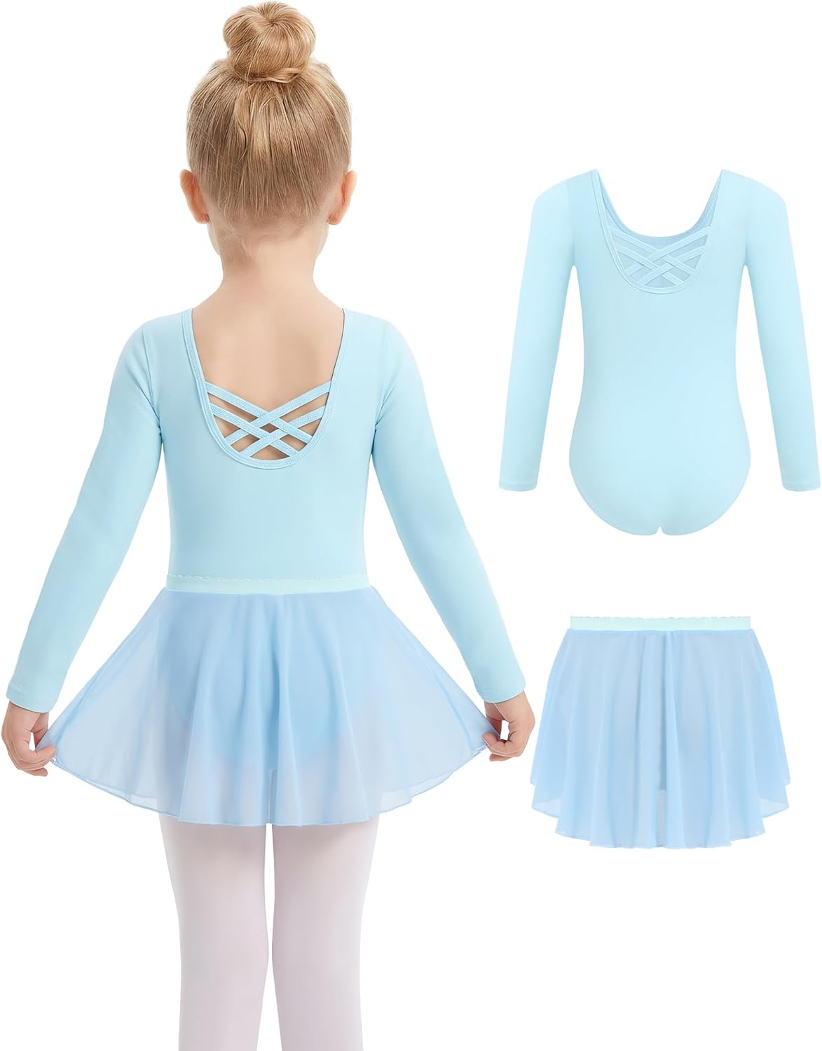 Gogokids 2PCS Long Sleeve Dance Leotards with Removable Skirt, Toddler Dance Dress for Ballet Class & Performance 3-11Years