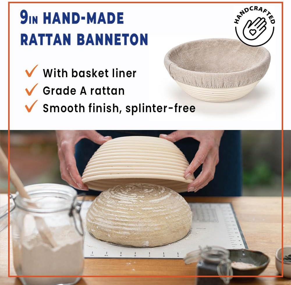 Sourdough Starter Kit all-in-one 18PCS, Premium Sourdough Bread Baking Supplies, Banneton Bread Proofing Basket Round 9in Hand-made, Sourdough Starter Jar 22OZ, Baking Gift Set, Italian Design