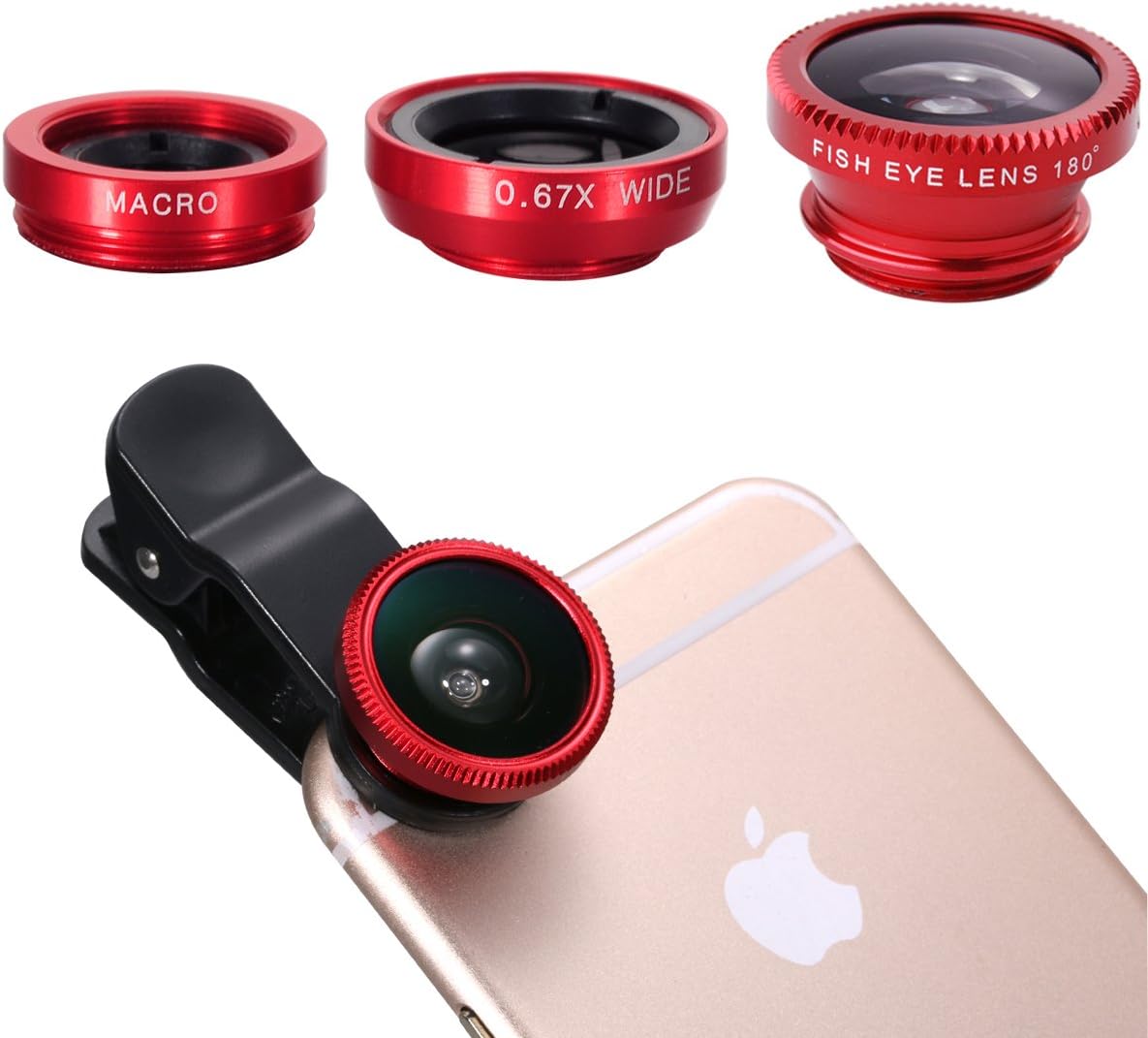 XCSOURCE Clip 180 Degree Fish Eye Lens + Wide Angle + Micro Lens Kit for iPhone 4 4S 4G 5 5G 5S Samsung Galaxy S3 i9300 S4 i9500 Cell Phone (red) DC264R