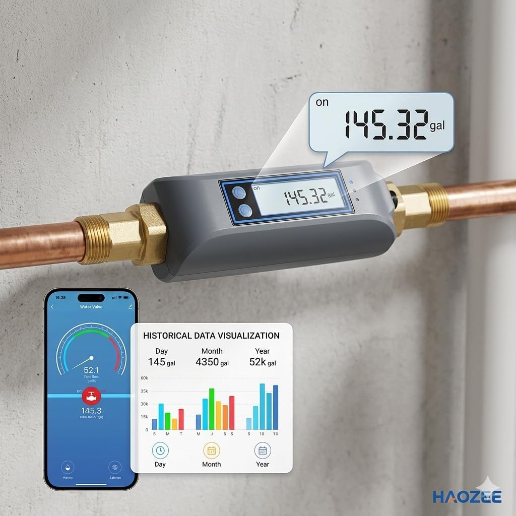 Haozee WiFi Smart Water Valve and Auto Shut-Off, Automation Scene Works with Leak Detector, Water Flow Meter, Built-in Battery, for 3/4" Diameter DN20 Pipe 8