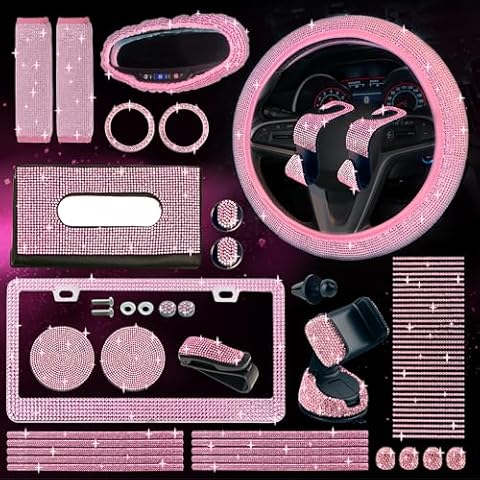 Zeinlenx 31 PCS Bling Car Accessories for Women, Bling Steering Wheel Cover Universal Fit 15 Inch,Rhinestone License Plate Frame, Bling Phone Holder, Cute Interior Set Decorations (Pink) Cover