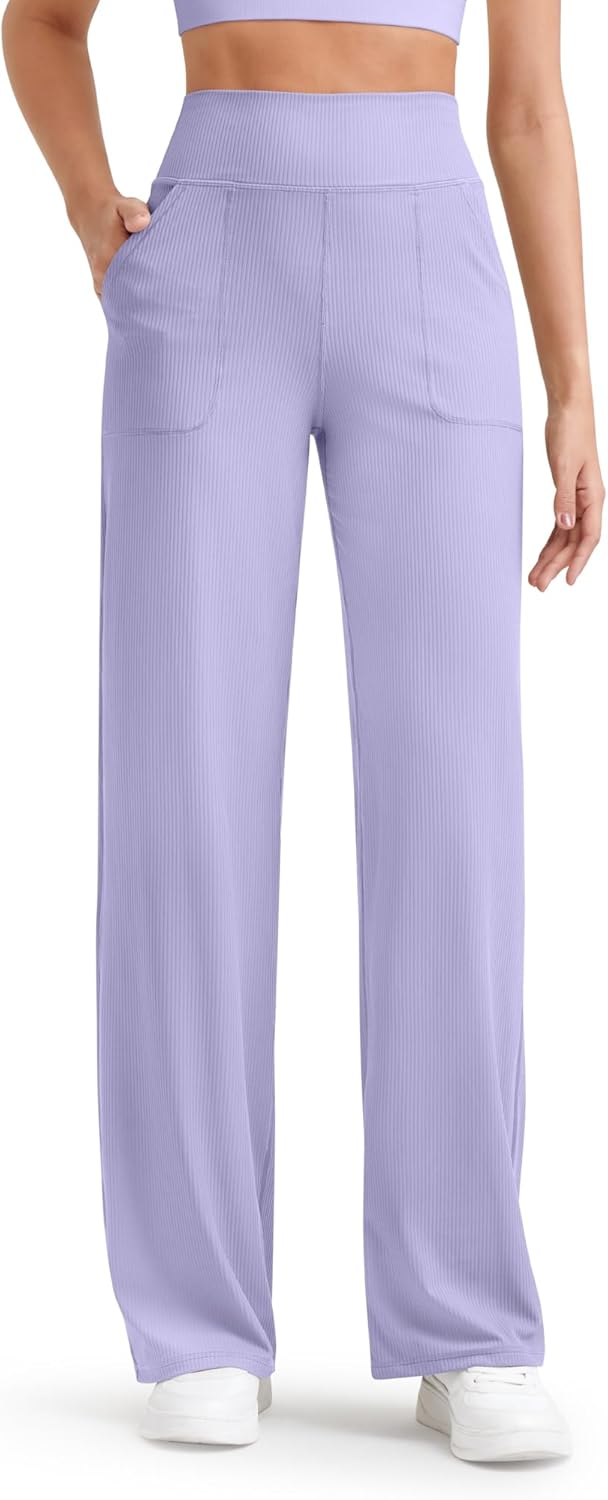 G4Free Women's Ribbed Knit Wide Leg Pants with Pockets Lightweight Stretchy Yoga Pants Casual Lounge
