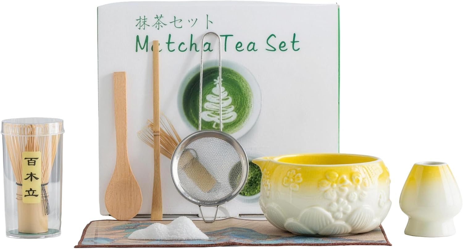 8-Piece Matcha Kit with Bamboo Whisk, Wooden Spoon, Measuring Scoop, Sifter, Bowl, Whisk Holder, Spoon Rest & Tea Cloth – Traditional Matcha Set for DIY Tea Ceremony（Gradient yellow）