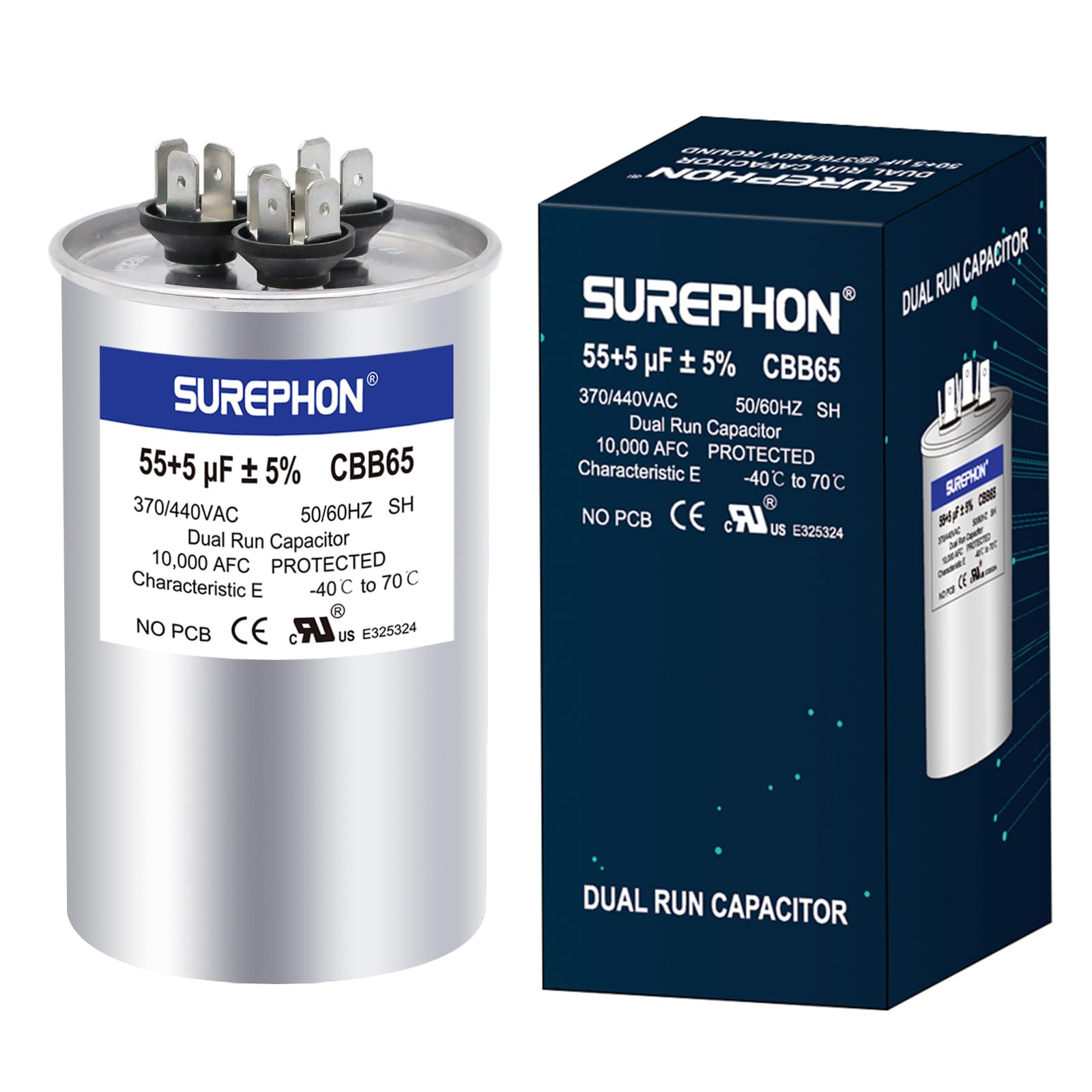 SUREPHON 55+5 uF 55/5 MFD ±5% 370V/440VAC Dual Run Start Capacitor CBB65 Works for AC Unit Fan Motor Start or Heat Pump or Condenser Straight Cool