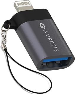Amkette iConnect Mini Lightning to USB Adapter, Connect USB Drives, Keyboards, Mice to iPhone & iPad with Lightning OTG Adaptor, Plug & Play iPhone OTG Connector, Attached Lanyard, Geoforce 1016 Chip