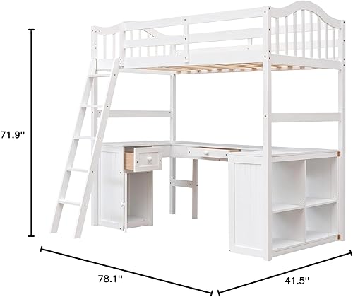 Miniatura 2 de Quarte Cama tipo loft versátil de tamaño individual con escritorio integrado y 2 cajones cama tipo loft de madera con estantes de almacenamiento y