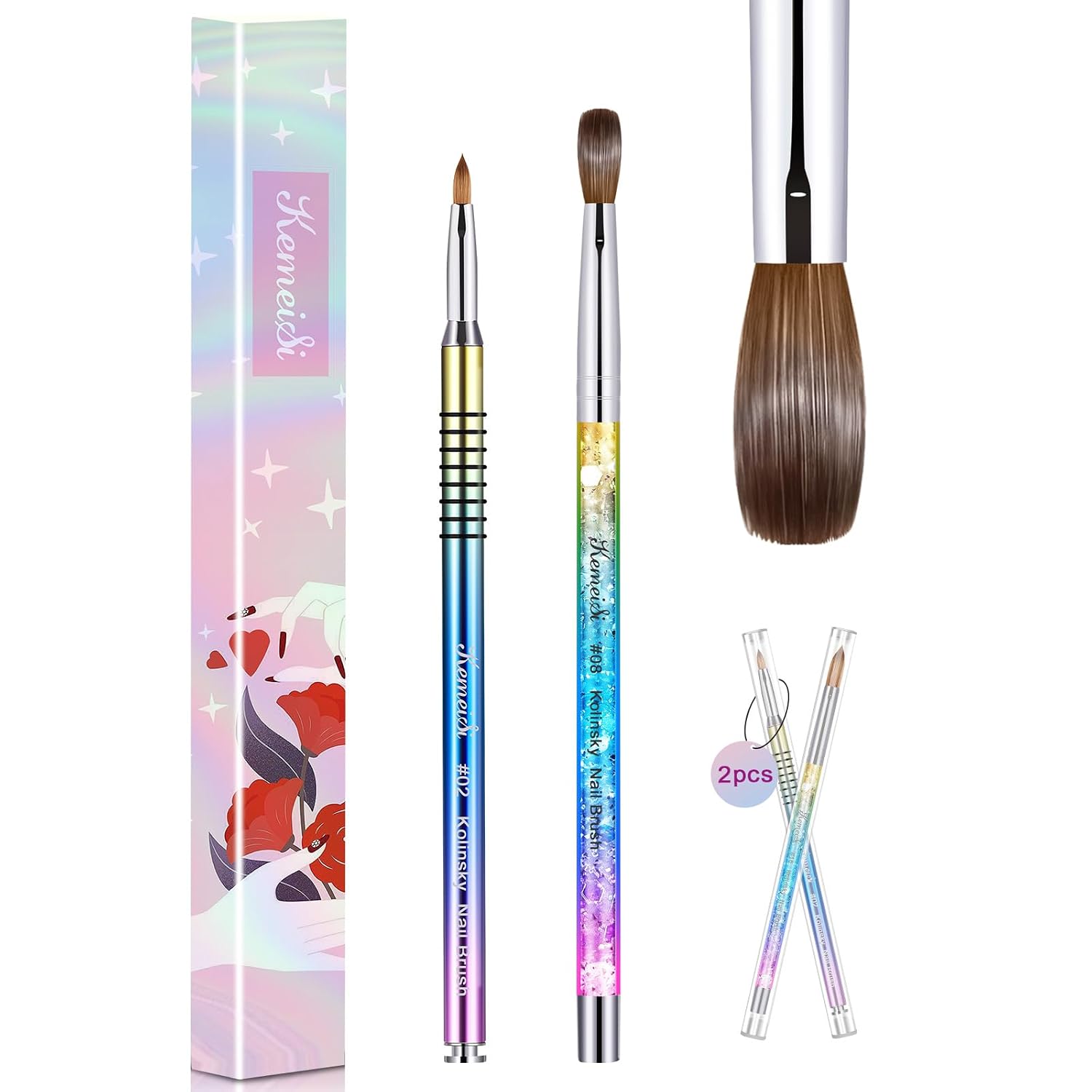 KEMEISI 2PCS Acrylic Nail Brushes, Size #08/02, Kolinsky Nail Art Brushes for Powder Application, Sturdy Handle Oval Shaped DIY Home Salon Tools