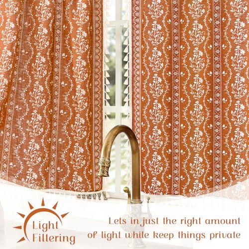 Image of Yinhua Boho Kitchen Curtains 36 Inch Length Vintage Linen Cafe Curtains Light Filtering Bohemian Floral Tier Rod Pocket Farmhouse Rustic Tassel Small Drapes with Tiebacks, 2 Panels, Orange