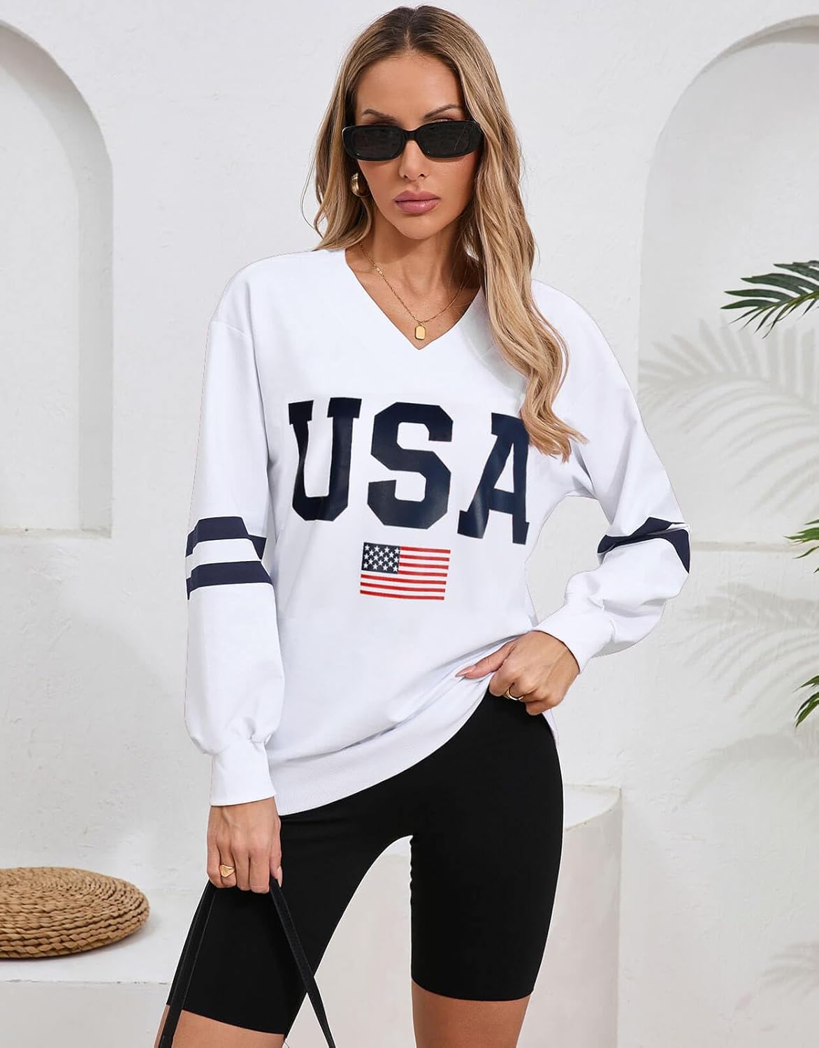 Alsol Lamesa Womens American Flag Sweatshirts Long Sleeve V Neck Loose 4th of July Outfits Flag Tops - Image 2