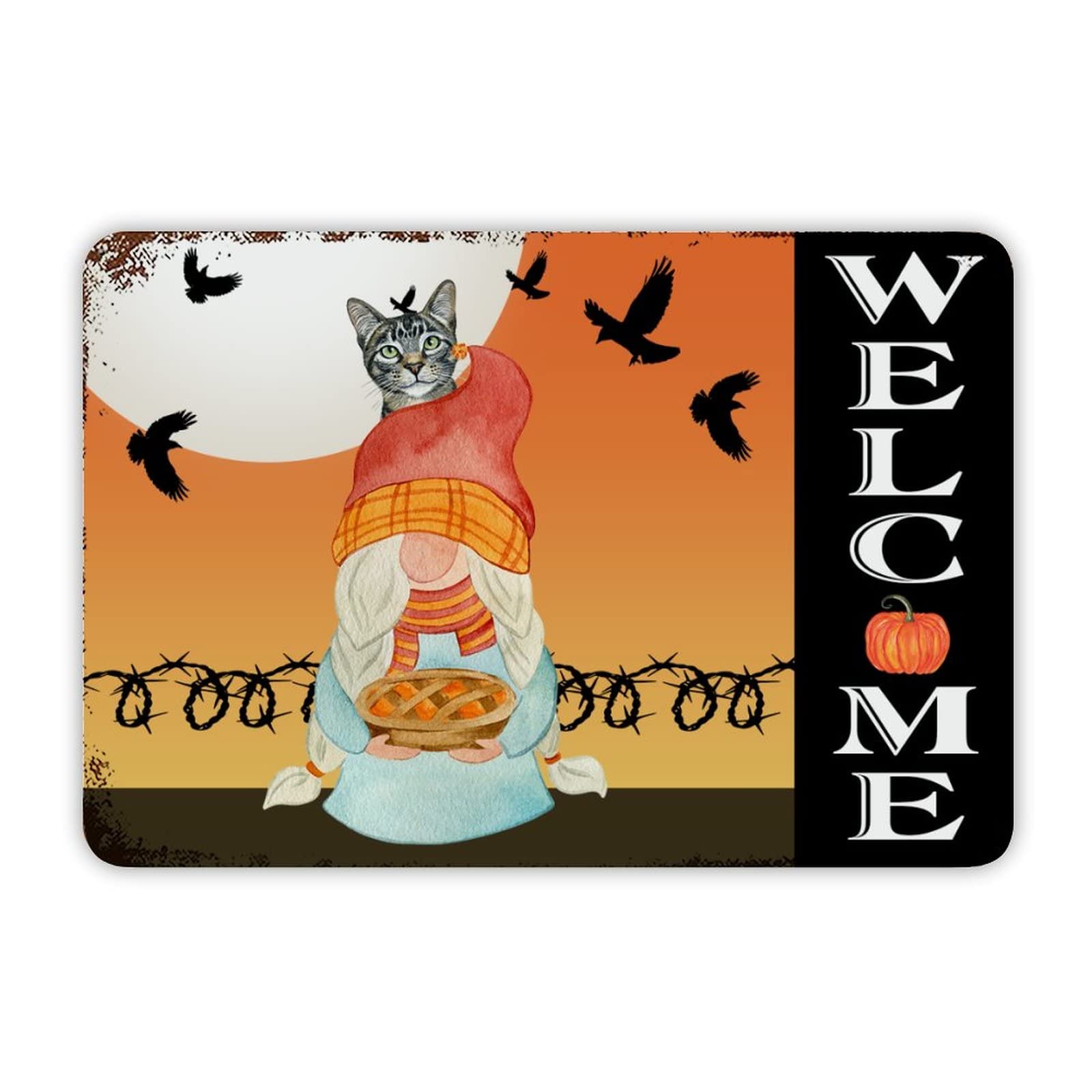 ENEDNATE Farmhouse Rustic Aluminum Sign Welcome Halloween Pumpkin Gnomes Cat Bat Metal Sign Retro Aluminum Tin Sign for Kitchen Bedroom Living Room Wall Art Door Hanger Home Decor Sign 8x12 Inch