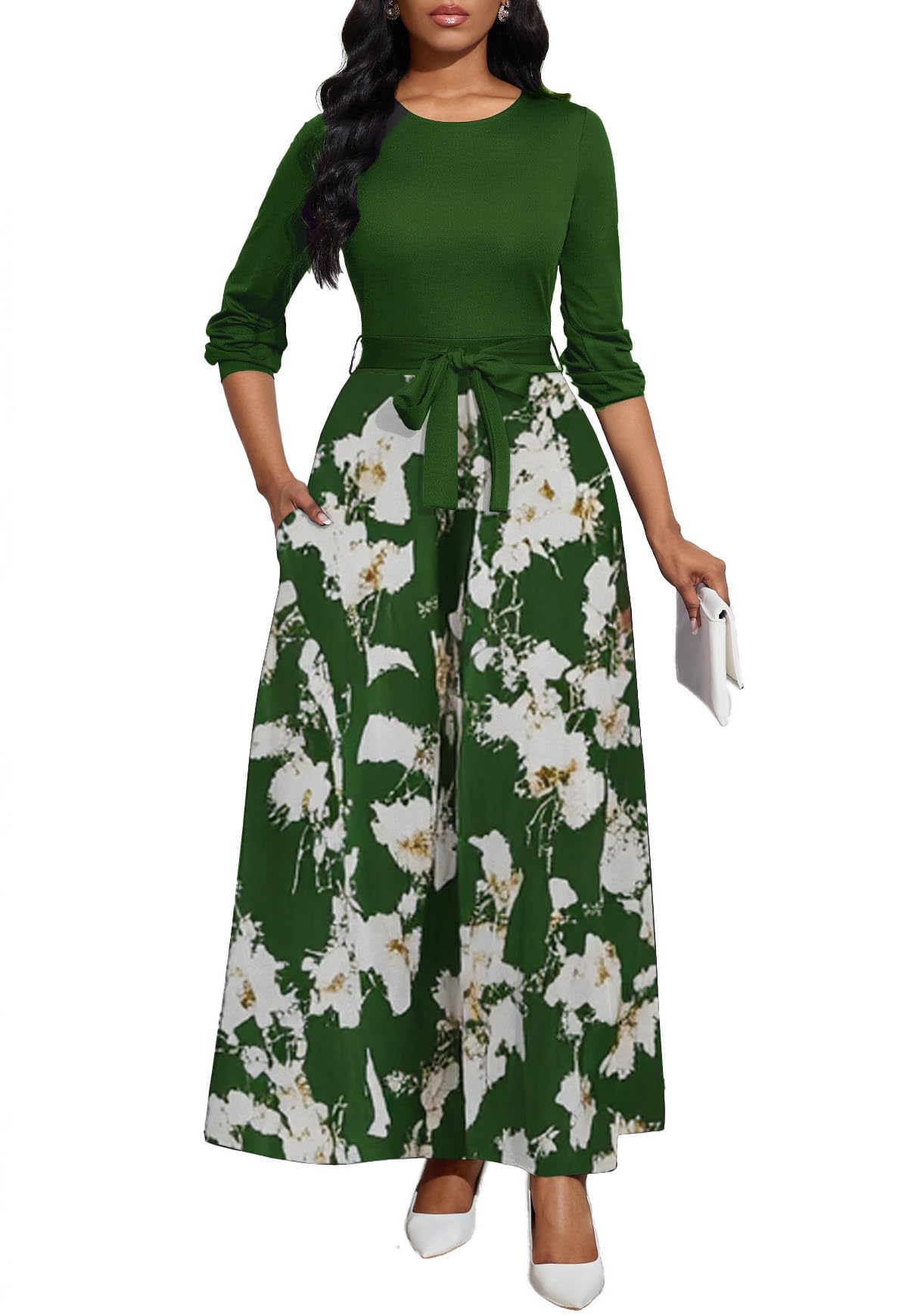 BubFee Long Dress for Women Casual Long Sleeve Dresses Maxi Dress Empire Waist Loose with Belt