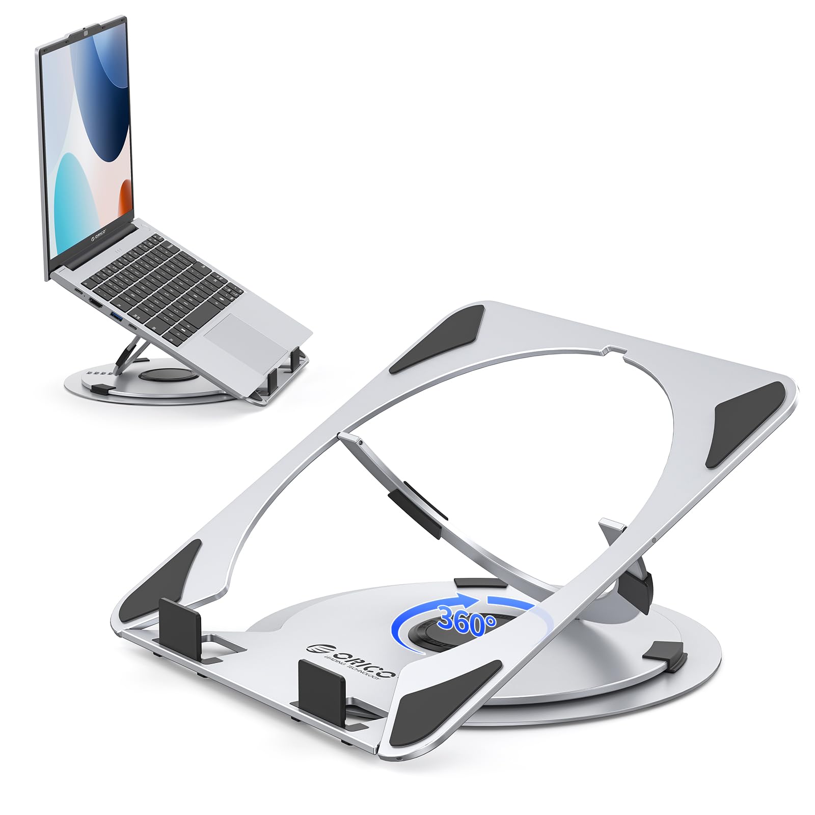ORICO Supporto PC Portatile Regolabile, Laptop Stand Ventilato con Base Girevole a 360°, Supporto Laptop Ergonomico Pieghevole per Scrivania, Compatibile con Notebook da 10-17" - NS1, Argento