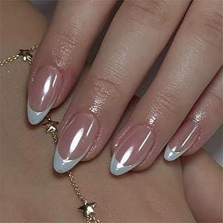 24 Stück Künstliche Nägel Zum Aufkleben - French Oval Perlmuttglanz Press On Nails, Französisch Full Cover Nagel Tips Set, Glänzend Almond Wiederverwendbar Fingernägel Für Frauen Alltag Party