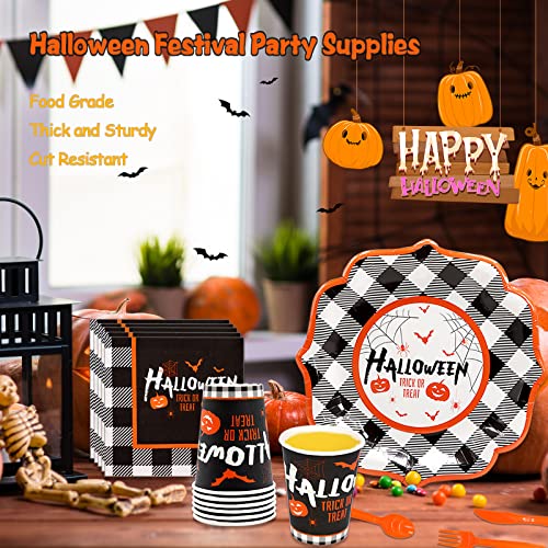 Dylives 144 Pcs Halloween Party Supplies Kit Halloween Party Decorations, Halloween Buffalo Plaid Pumpkin And Bats Party Favors Disposable Tableware Halloween Plates Napkins Cups Cutlery, Serve 24 #TOP1