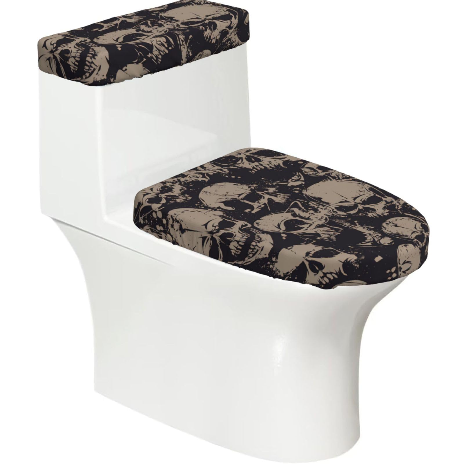 Cool Retro Skull Graphics Print Bathroom Decor Toilet Lid Cover And Tank Covers, Restroom Accessories Fits Most Round