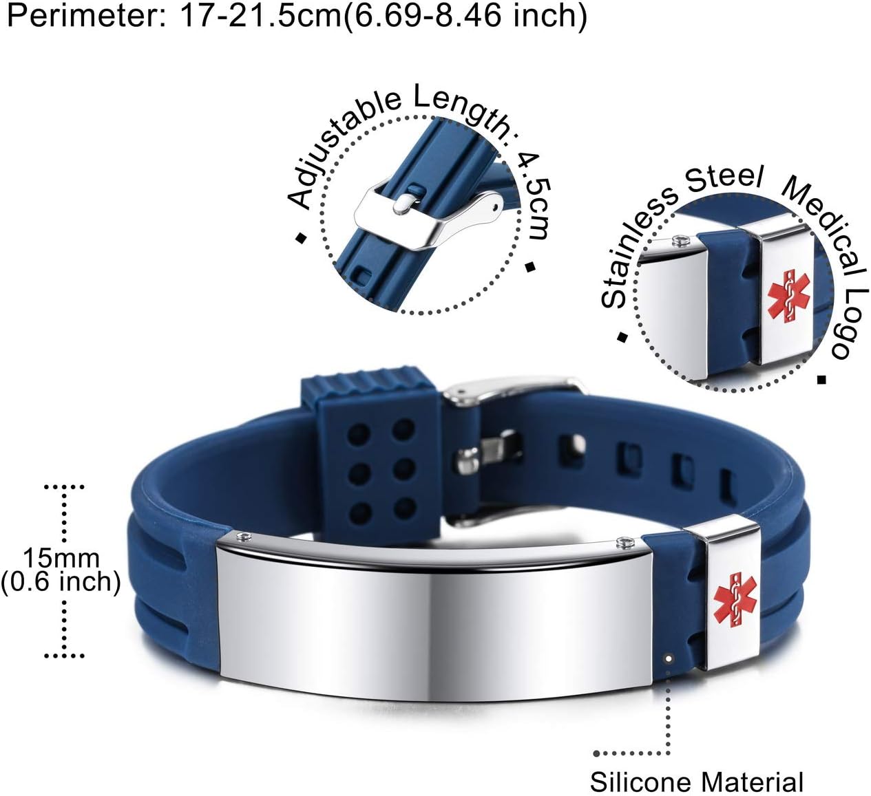 Bracelet Custom Engraved Silicone Adjustable Sport Name ID Identification Alert Medical Bracelet for Men Women Stainless Steel Rubber Black Belt - (Bundle with Emergency Card, Holder)