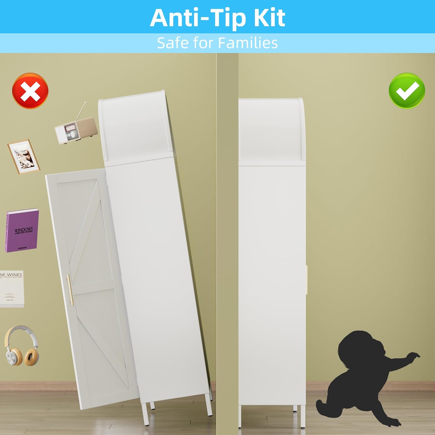 Metal Arched Storage Cabinet with Doors, Arched Kitchen Pantry with Adjustable Shelves for Kitchen, Pantry, Dining Room, Assembly Required,White,72.8" H×30.7" W×15.4" D