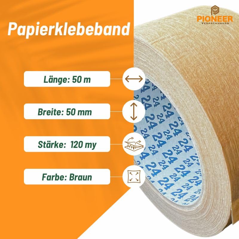 Pioneer Papierklebeband 50mm x 50 m Braun 130 my Rolle Paketband aus Kraftpapier Umweltfreundlich Packband Recycelbar (36)