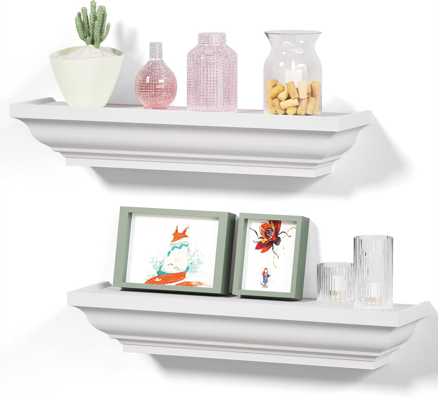 Alsonerbay Floating Shelves White, Wood Shelves Rustic Shelves for Wall Storage, Wall Mounted Shelves for Bedroom Living Room Bathroom, 17 Inch 2 Pack