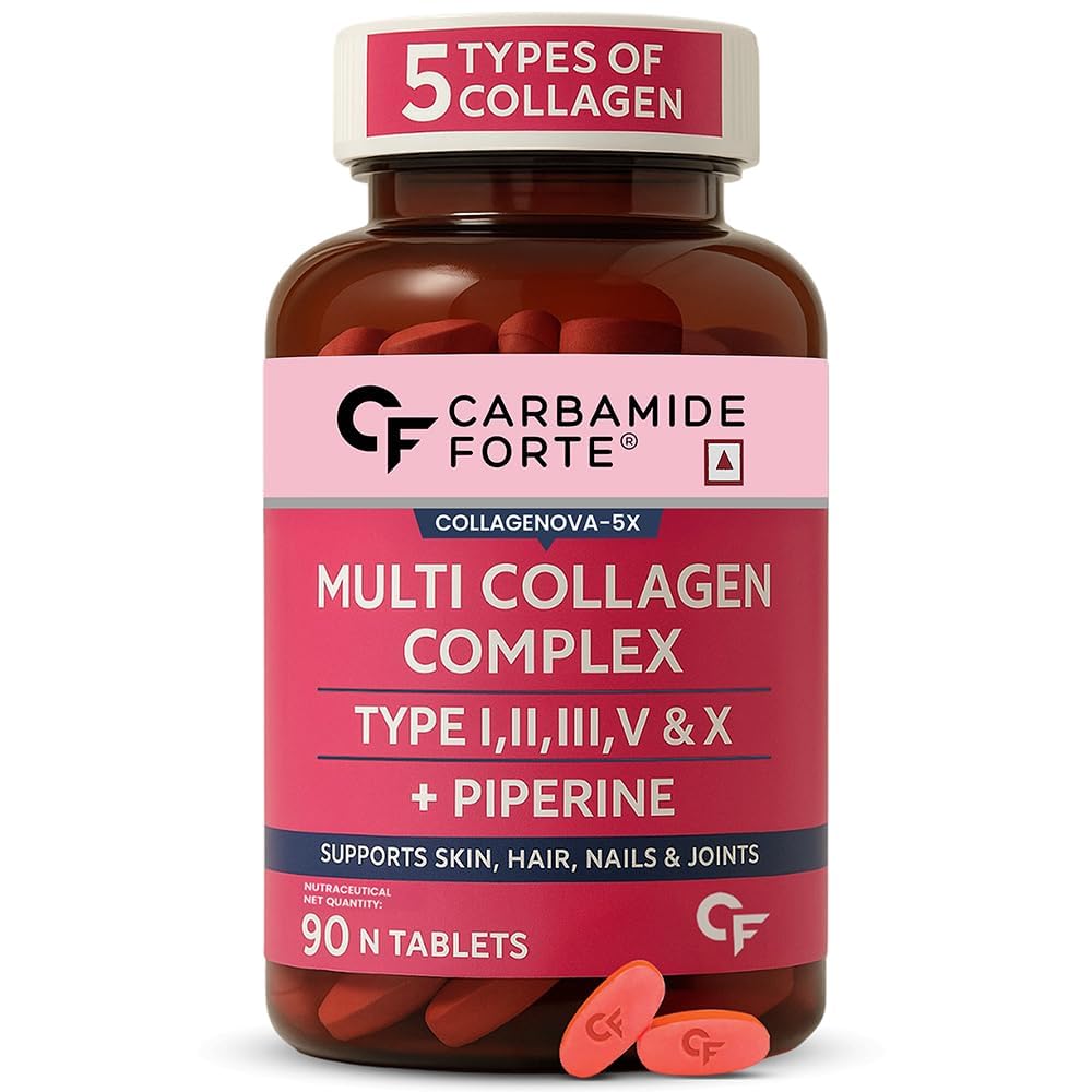 Carbamide Forte Multi Collagen Supplements | 5 Types of Marine Collagen Powder Tablets For Skin | Skin Supplements For Glowing Skin , Hair, Nails & Joint Support | Hydrolyzed Peptides Complex With Type I, II, III, V & X For Women & Men – 90 Tablets