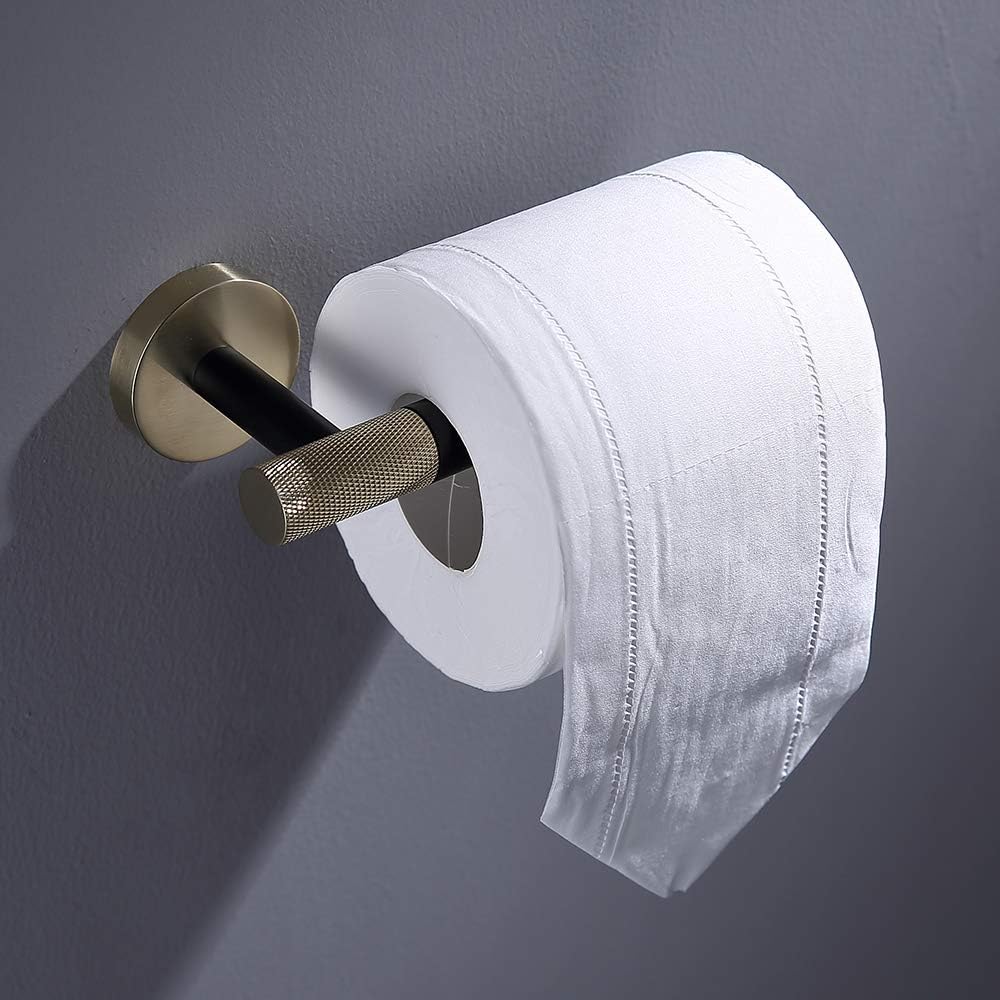 Toilet Paper Holder Brass and 304 Stainless Steel Bathroom Tissue Roll Holder Wall Mounted Tissue Paper Dispenser for Bathroom, Kitchen, Hotel, Brushd Gold and Black, Screw Installation