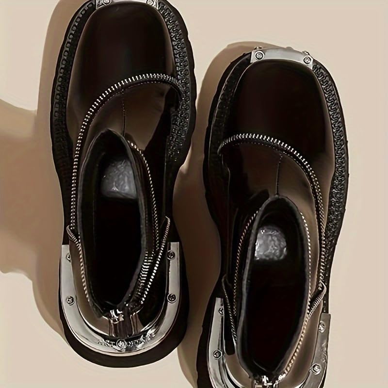 Chic Square-Toe Ankle Boots - Versatile Zip-Up Design with Solid Black Platform Heel - Image 2