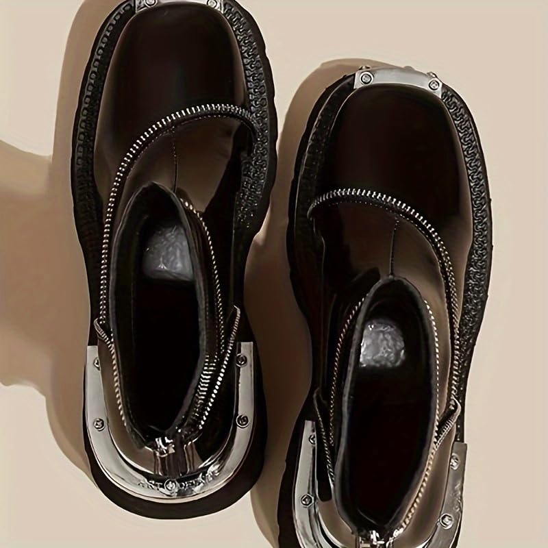Chic Square-Toe Ankle Boots - Versatile Zip-Up Design with Solid Black Platform Heel3