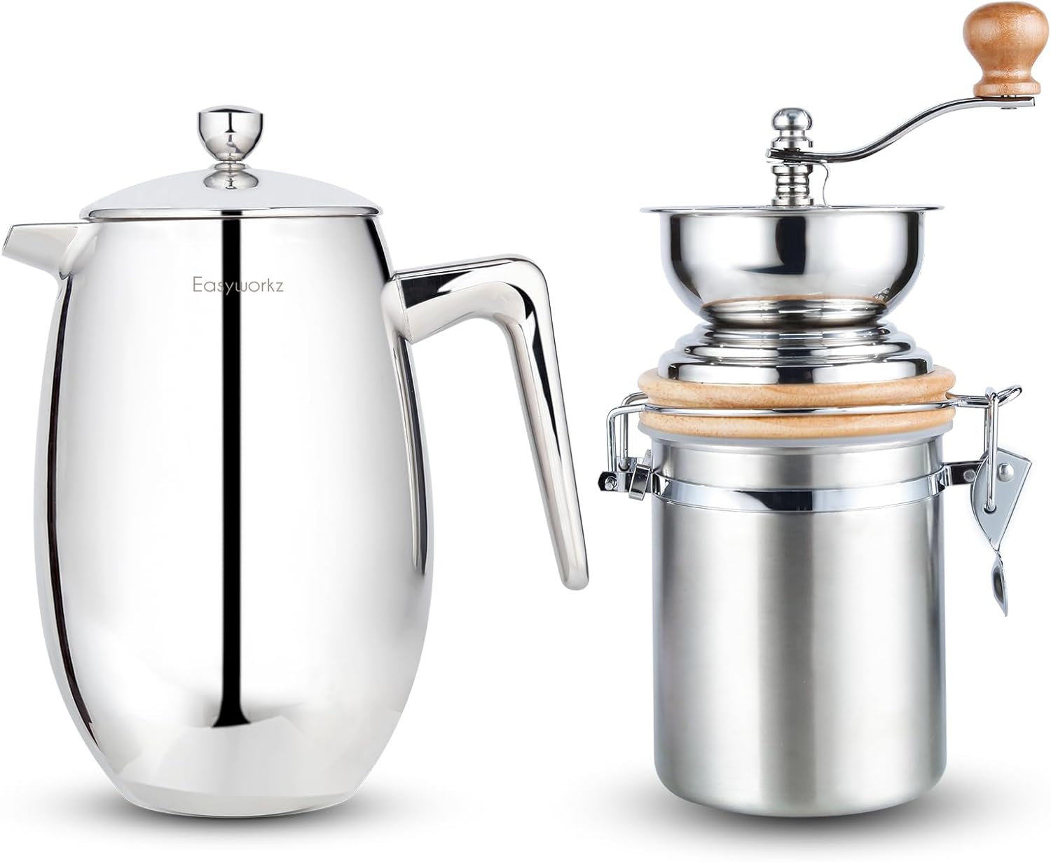 Easyworkz Nando French Press 34 oz, Bundled Manual Coffee Grinder with Airtight Canister