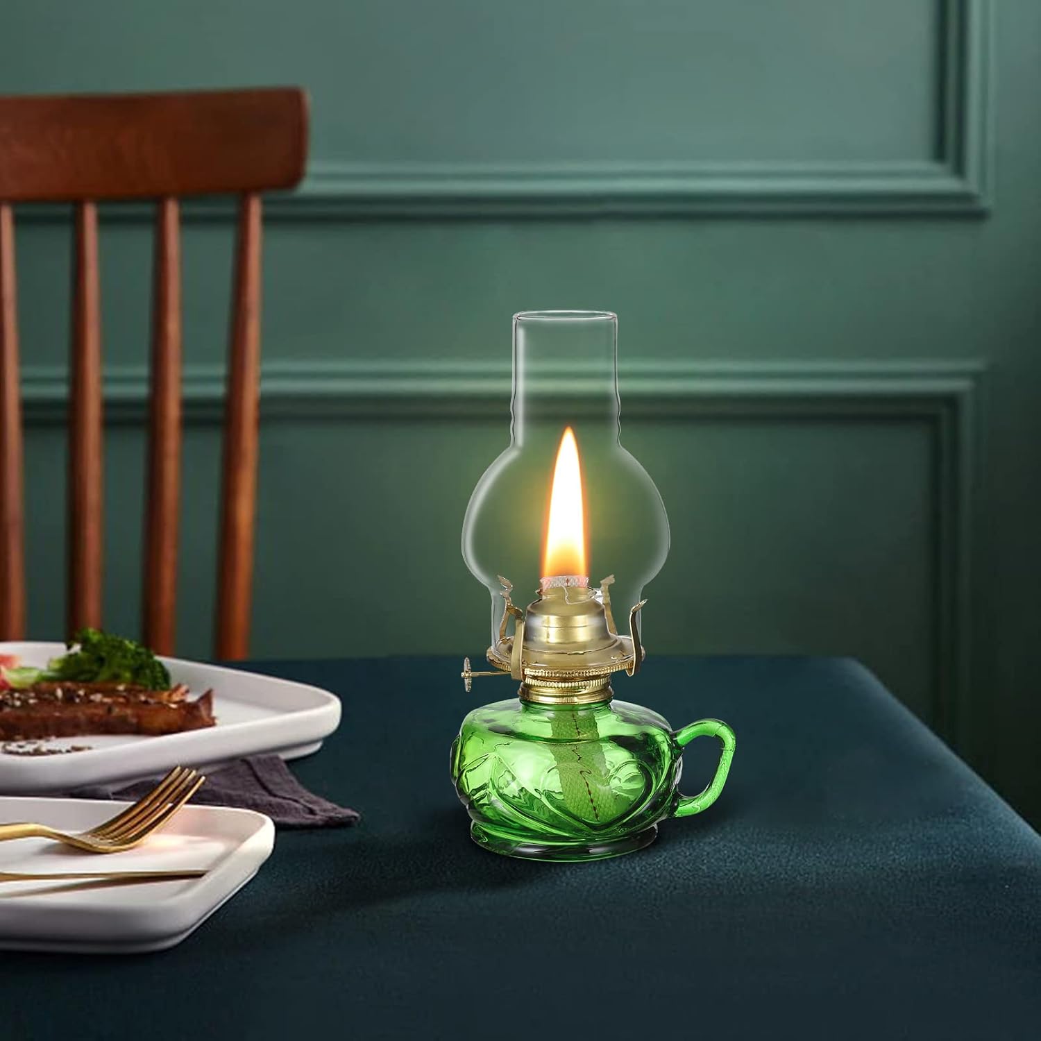 2 Pcs Vintage Large Oil Lamp with Handle Antique Green Glass Kerosene Lamp Lantern Chamber Oil Lamps for Indoor Use Home Decor Classic Old Hurricane Lamp for Emergency Lighting