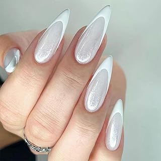 24 Stück Nägel Zum Aufkleben Lang Stiletto - Pearl Weiß Glitzer Fake Nails, glänzend press on nail, Full Cover Künstliche Nägel - Elegante Fingernägel Zum Aufkleben für Frauen DIY Nail Art