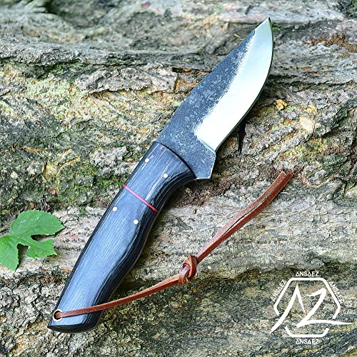 Zeasna Ze-Hk-51 Handmade High Carbon Steel Knife With Leather Sheath Outdoor Full Tang Fixed Bushcraft Knife For Hunting Camping Skinning With Lanyard Hole Wood Handle (Black) #TOP4