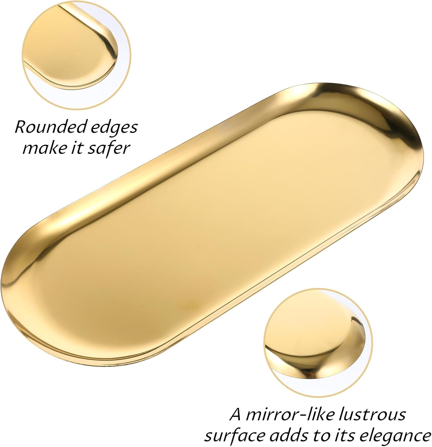 4 Pack Gold Stainless Steel Decorative Trays, 12 Inch Oval Jewelry Dish Cosmetics Organizer Bathroom Clutter Serving Platter Small Storage Tray