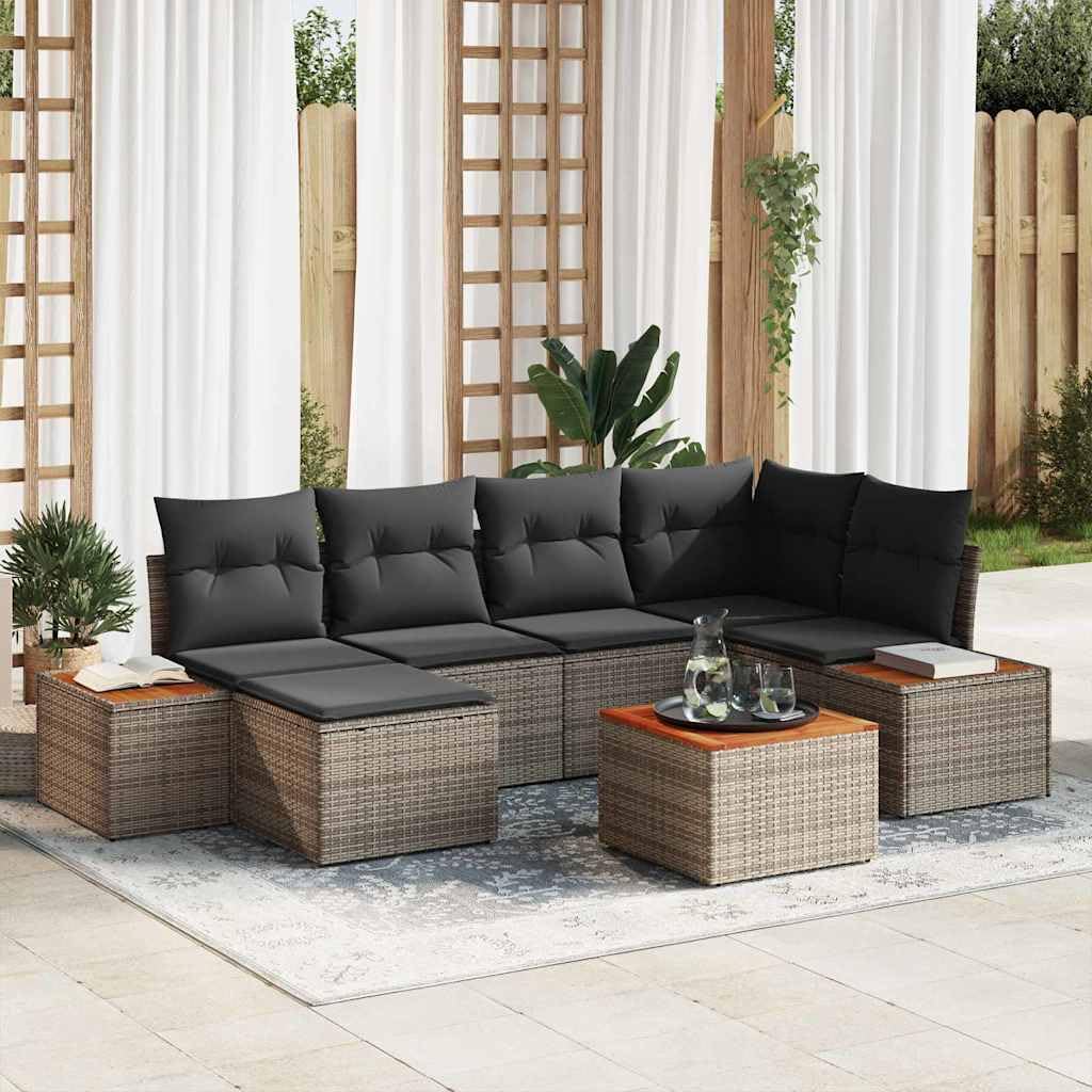 Sofá de jardín gris de 7 piezas con cojines de poliratán y madera de acacia, diseño modular moderno con sofá esquinero, dos asientos centrales, dos sofás extendidos, mesa auxiliar,