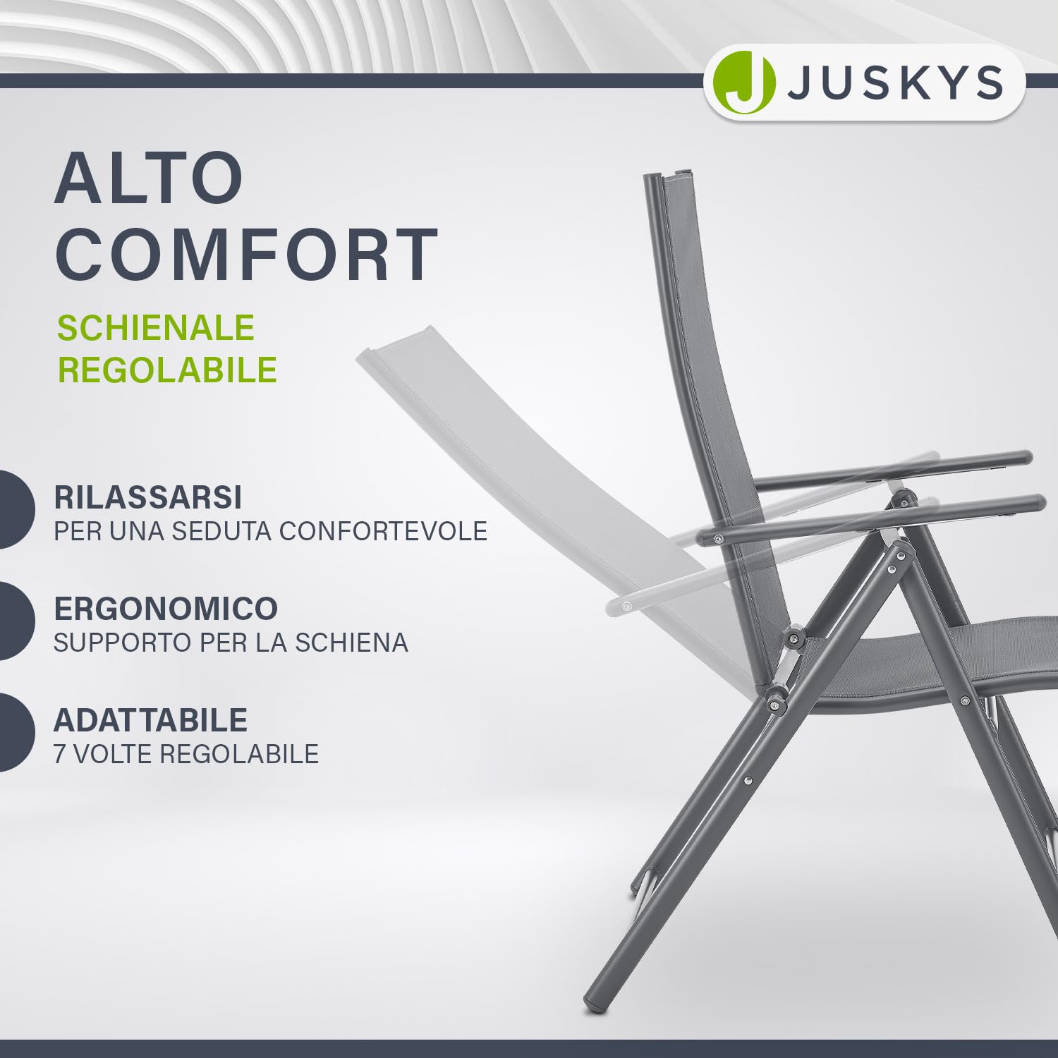 Juskys Sedie da giardino Calena set 4 pezzi antracite – Schienale regolabile in 7 posizioni – pieghevoli con struttura in acciaio e tessuto traspirante