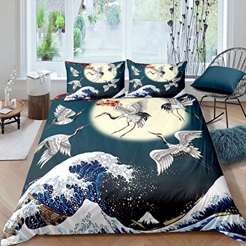 Loussiesd Japanese Ukiyoe Bedding Set 3D Red-Crowned Crane Print Duvet Cover for Kids Boys Girls Ocean Wave Moon Bed Cover Hokusai Decor Bedspread Cover with 2 Pillowcases 3Pcs Bedding King